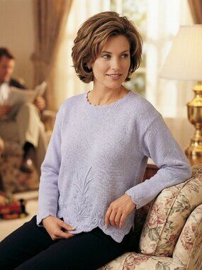 Sweater Bee Women Large Vintage 80s Knit Sweater Lavender Ramie Beaded Floral